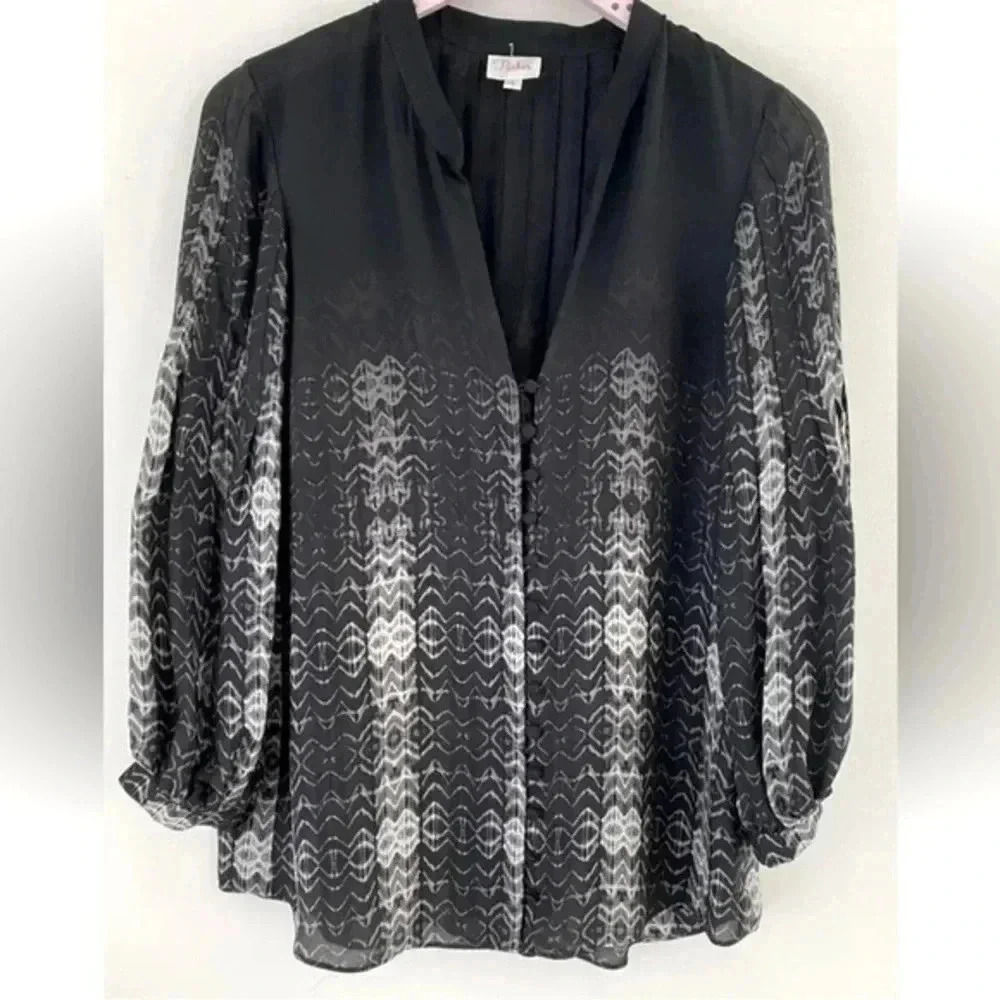 Parker | 100% Silk Black & Grey Long Sleeve Boho Blouse Size XS